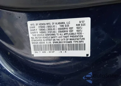 2007 Honda Odyssey Ex-L z USA, uszkodzony, nr VIN 5FNRL38657B124429